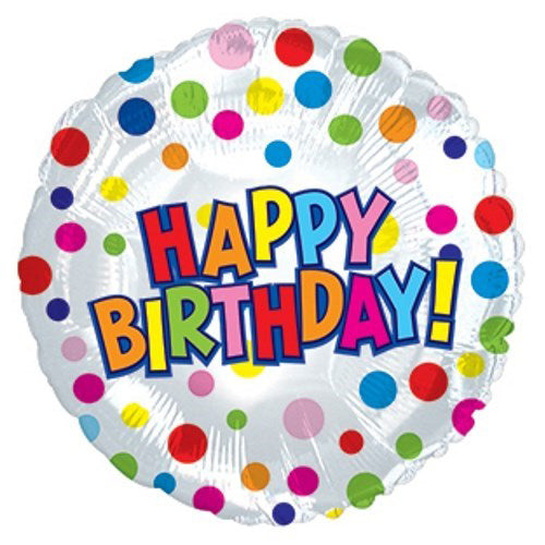 Polka Dots Happy Birthday Foil Balloon, 18 Inch shown as a product reference for birthday celebrations, with its themed design visible.