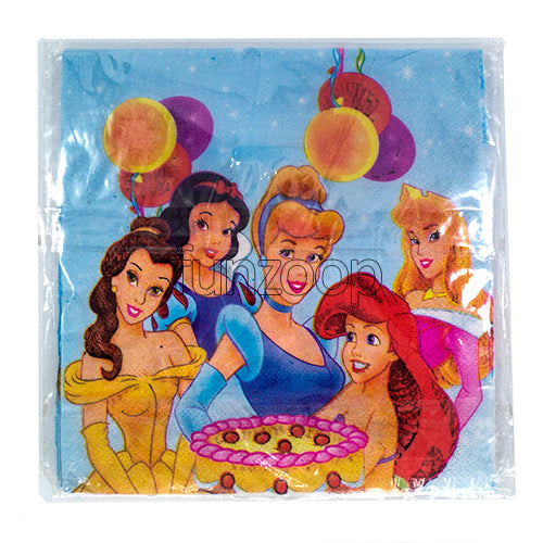 Princess paper napkins pictured in clear packaging with illustrated princess characters and a birthday cake scene against a blue background.