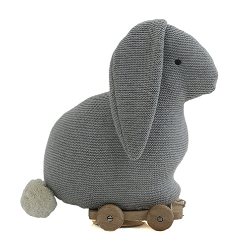 Push and pull bunny grey melange knitted stuffed soft toy with wooden cart from Funzoop The Party Shop
