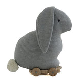 Push and pull bunny grey melange knitted stuffed soft toy with wooden cart from Funzoop The Party Shop