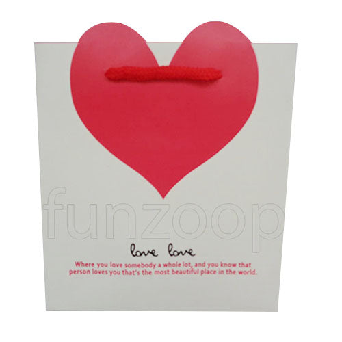 Red Heart Printed Paper Gift Bag (Small), with a printed design for presenting a wrapped gift and a separate greeting card.