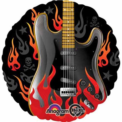 Rock On Guitar Foil Balloon for Music Parties, 18 Inch shown as a product reference for themed parties and celebration displays, with its themed design visible.