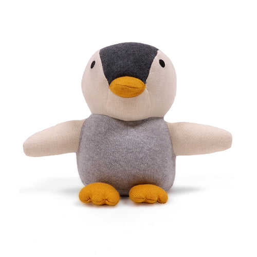Pluchi Rocky the Penguin soft toy in dull blue, showing the penguin character with a knitted fabric finish.