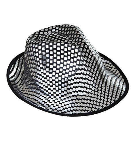 Silver metallic square fedora party hat, showing the defined costume headwear shape for hip hop outfits and New Year photographs.