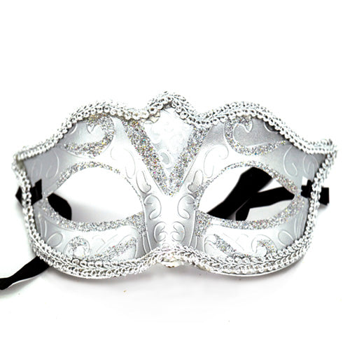 Silver Venetian half face mask with elegant masquerade styling by Funzoop