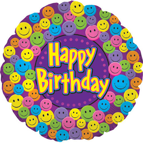 Smiley Buttons Happy Birthday Foil Balloon, 18 Inch shown as a product reference for birthday celebrations, with its themed design visible.