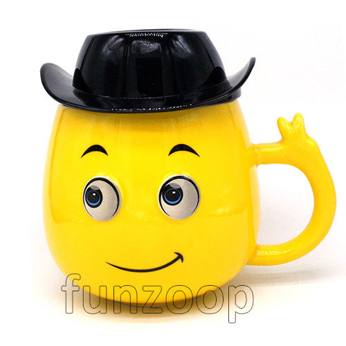 Smiley Ceramic Coffee Cup/Mug with Lid, with the ceramic body and matching lid forming a coordinated novelty drinkware design.