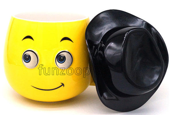 Smiley Ceramic Coffee Cup/Mug with Lid Open, with the ceramic body and matching lid forming a coordinated novelty drinkware design.