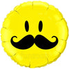 Smiley Face Moustache Foil Balloon, Yellow, 18 Inch shown as a product reference for themed parties and celebration displays, with its themed design visible.
