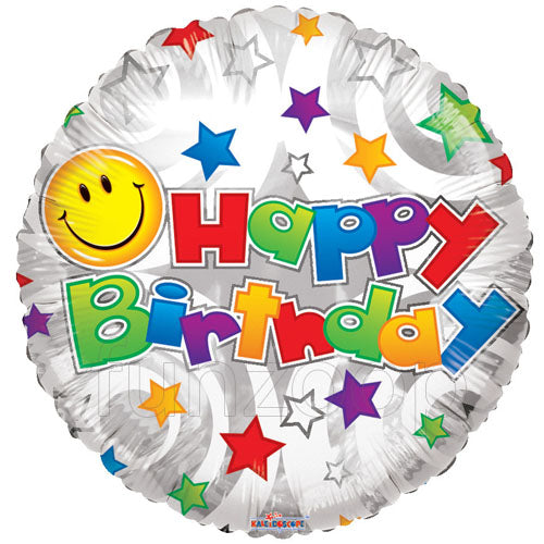 Smiley Stars Happy Birthday Foil Balloon, 18 Inch shown as a product reference for birthday celebrations, with its themed design visible.