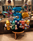 Blue butterfly-themed birthday balloon centrepiece with a custom milestone number sold by Funzoop Birthday Shop