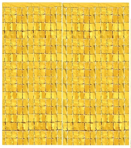 Square metallic foil party curtain backdrop in assorted colors for creating a reflective background behind a cake table or party photo area.