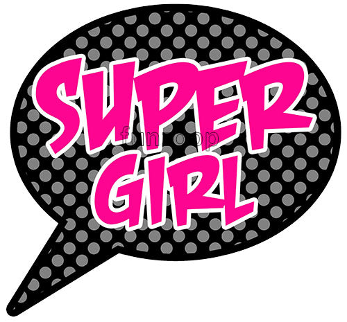 Super Girl photo booth placard with colorful superhero themed typography for girls birthday party photography