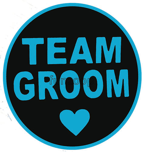 Team Groom round photo booth placard featuring groom squad celebration typography design