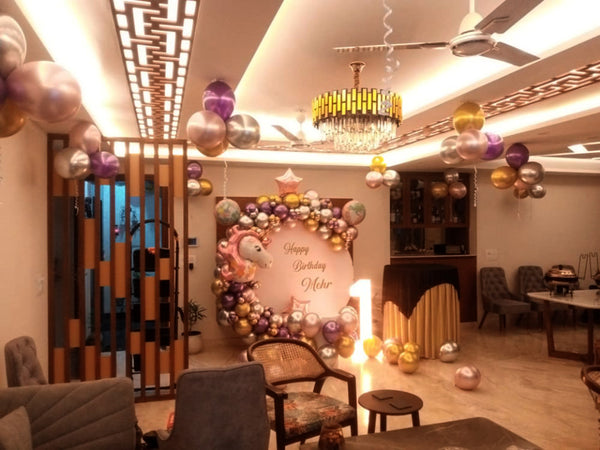 Unicorn Theme Balloons Arch Room Decoration, in an event decoration layout for a themed celebration and party photographs.