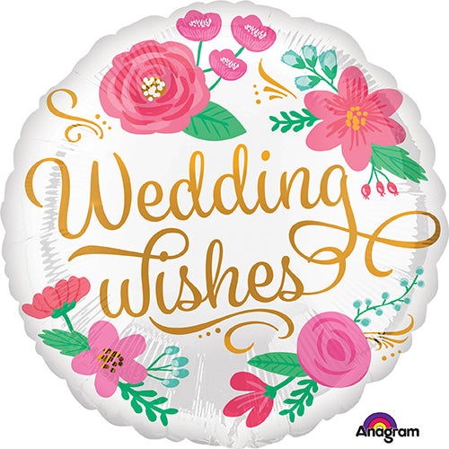 Round Wedding Wishes foil balloon with gold script lettering, pink flowers and green leaves on a white background.