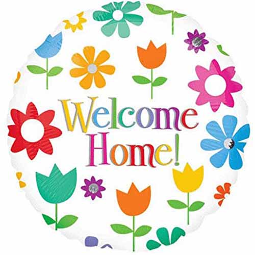 Welcome Home Floral Foil Balloon, 18 Inch shown as a product reference for themed parties and celebration displays, with its themed design visible.