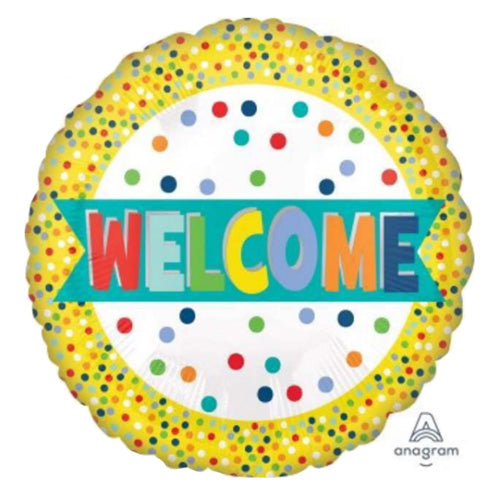 Welcome Lots of Dots Foil Balloon, Anagram, 18 Inch shown as a product reference for themed parties and celebration displays, with its themed design visible.