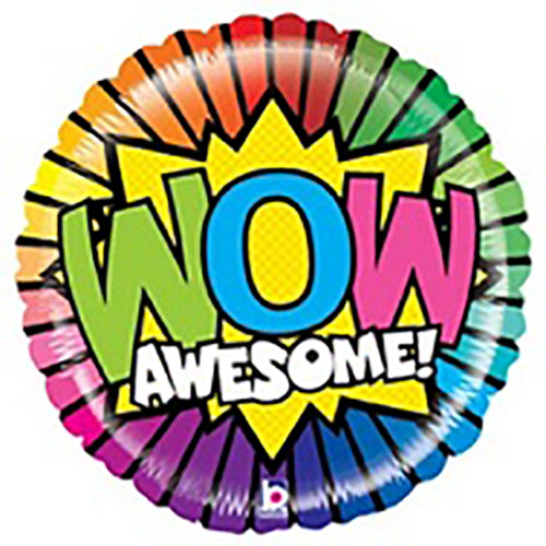 Wow Awesome Foil Balloon, 18 Inch shown as a product reference for themed parties and celebration displays, with its themed design visible.